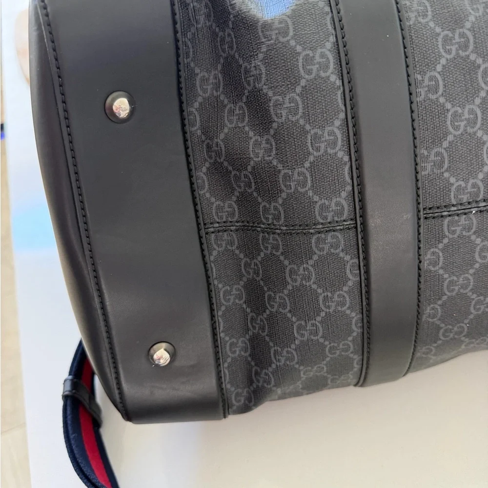 Gucci Black GG Canvas Weekend Duffel with Striped Web Strap